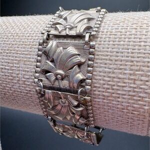 Antique Sterling Bracelet Silver Art Nouveau Panel Floral Slide Box Clasp Deco